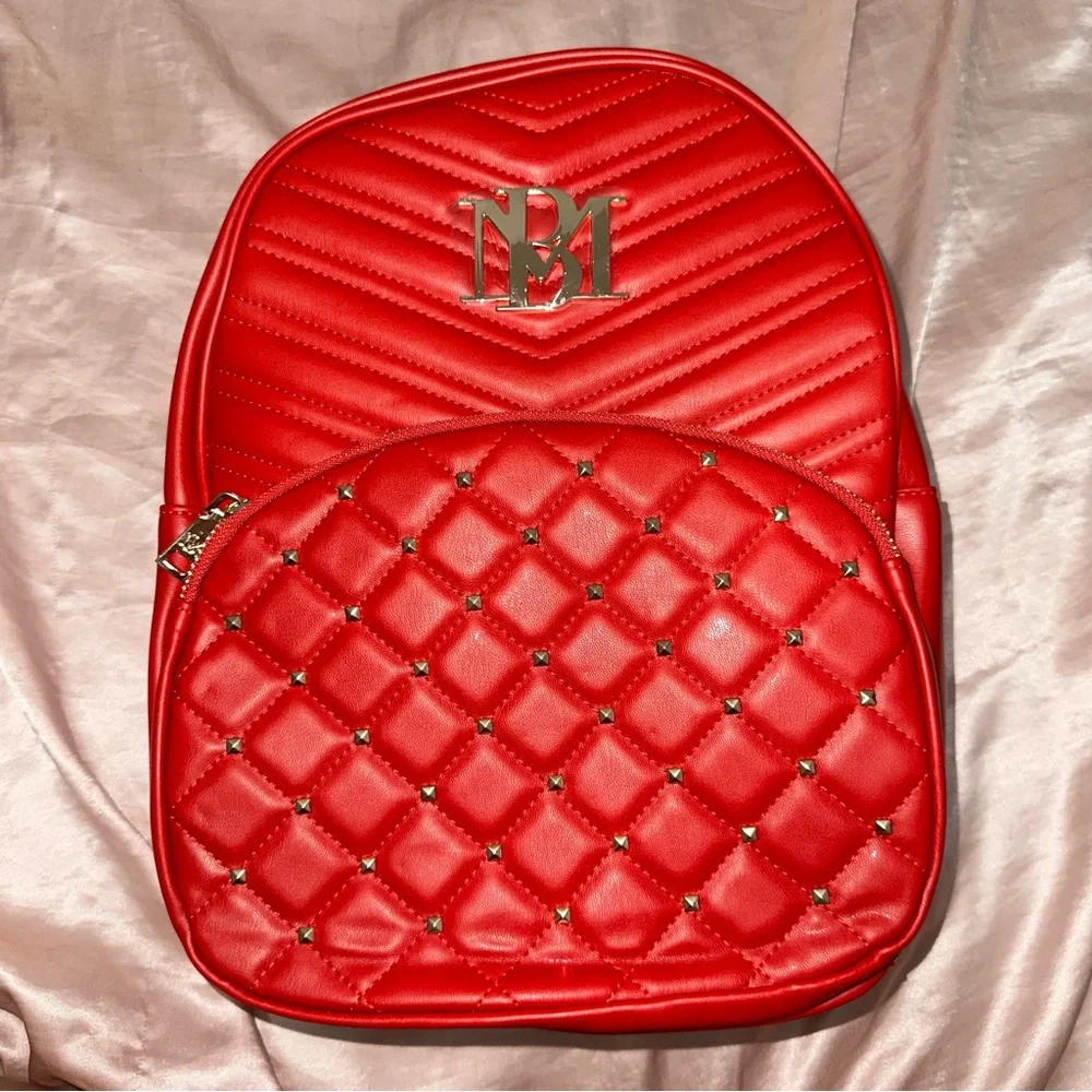 Badgley Mischka Bright Red Vegan Leather Gold Studded Backpack NWT